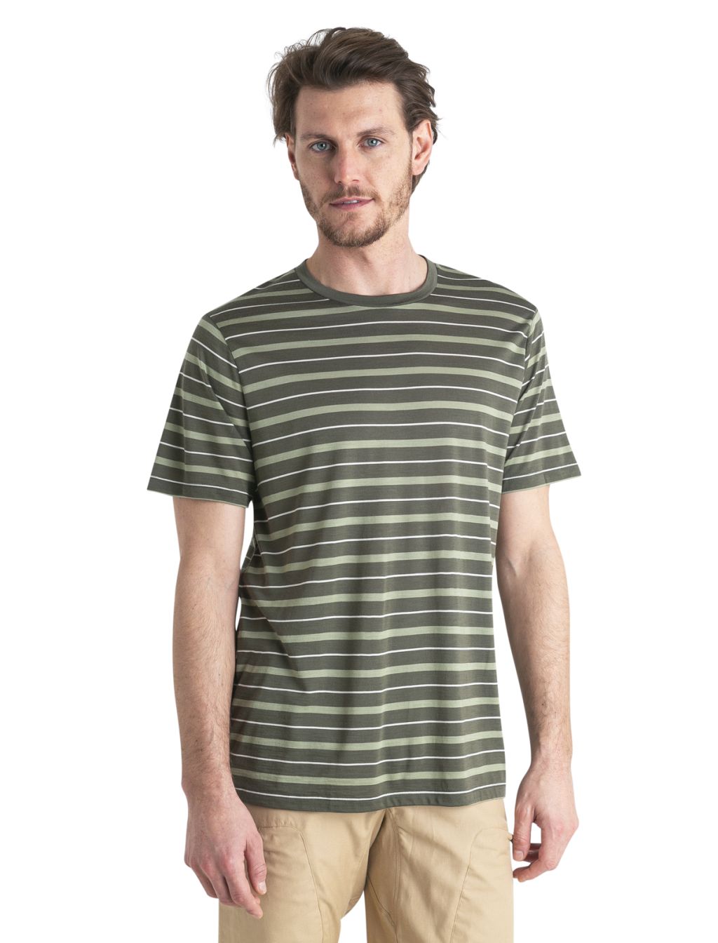 Pánské merino triko krátký rukáv ICEBREAKER Mens Wave SS Tee Stripe, Loden/Lichen/Snow velikost: L