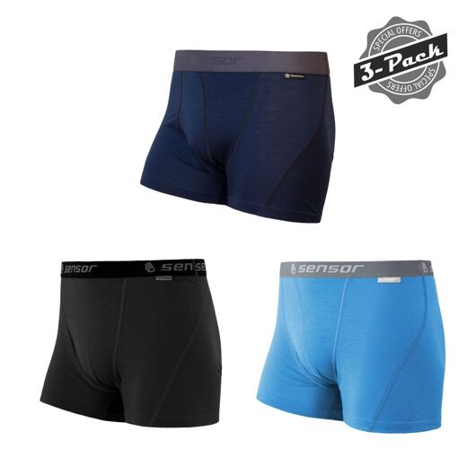 SENSOR MERINO ACTIVE 3-PACK pánské trenky černá/modrá/deep blue Velikost: M