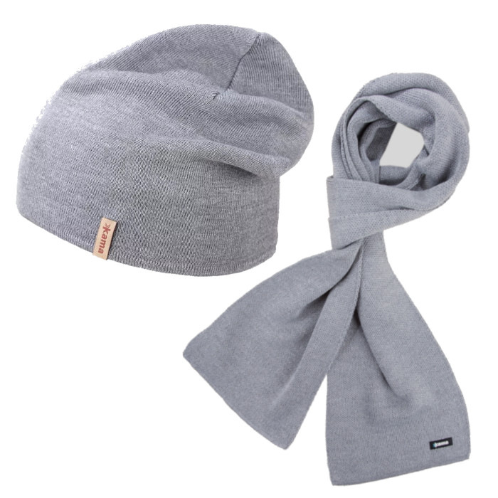 Levně KAMA A153+S22 SET 1+1 pletená merino čepice+šála, šedá