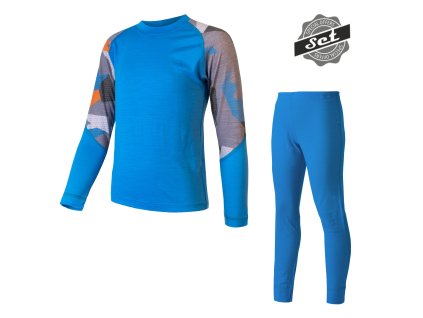 SENSOR MERINO IMPRESS SET detské tričko s dlhým rukávom+spodky, modrá/camo