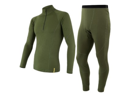EGLOO DF MERINO ZipperNeck BaseSet pánske nohavice s dlhým rukávom Zip+Bottoms, zelené
