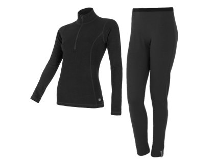 EGLOO DF MERINO ZipperNeck BaseSet dámske tričko s dlhým rukávom ZIP+spodky, čierna