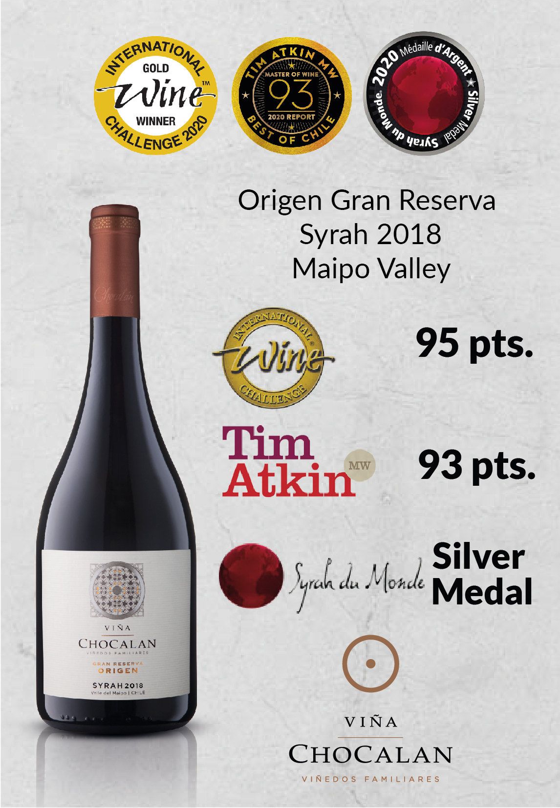 Chocalán Origen Gran Reserva Syrah 2021, 750ml