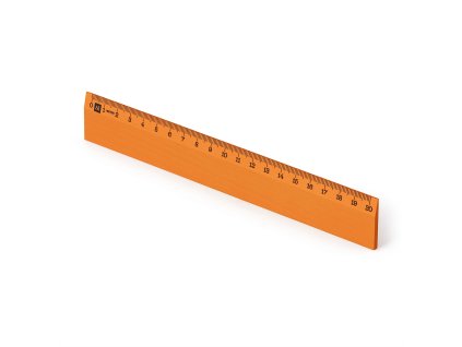 Pravítko Scholar-20HO, dřevěné 20 cm, světleoranžové – pohled z úhlu, stupnice černým tiskem .
