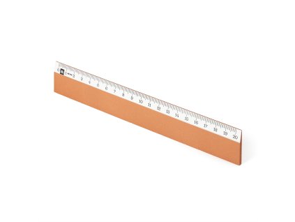 Pravítko Scholar-W20CC, dřevěné 20 cm, okrové – pohled z úhlu, stupnice černým tiskem na bílém podkladu.