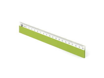 Pravítko Scholar-W20FG, dřevěné 20 cm, světlezelené – pohled z úhlu, stupnice černým tiskem na bílém podkladu.
