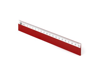 Pravítko Scholar-W20DR, dřevěné 20 cm, tmavěčervené – pohled z úhlu, stupnice černým tiskem na bílém podkladu.