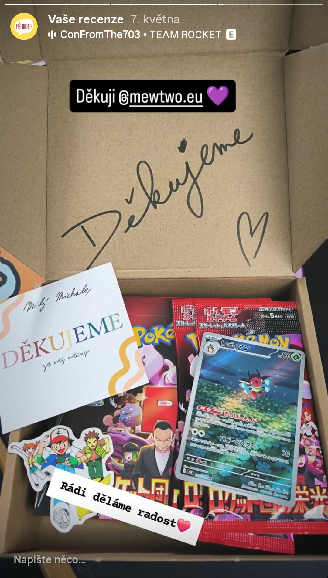 Pokémon-Paket von Mewtwo.eu mit handgeschriebener Dankeskarte und Stickern