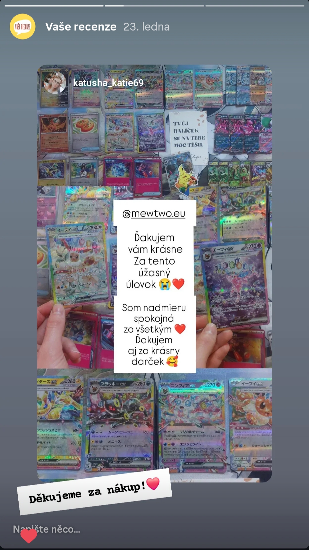 Glückliche Kundin zeigt ihre Pokémon-Kartensammlung von Mewtwo.eu