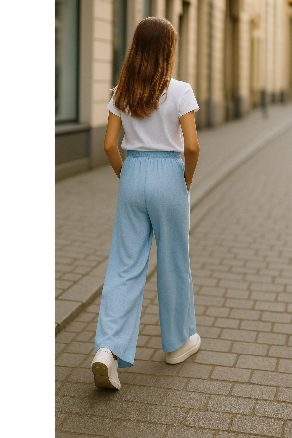 Fashionkids Dievčenské svetlomodré široké nohavice s viazaním v páse Farba: Modrá, Veľkosť: 158