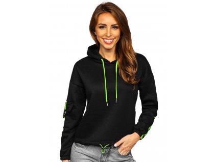 Dámska čierna mikina s kapucňou a zelenými detailmi, veľkosť XL