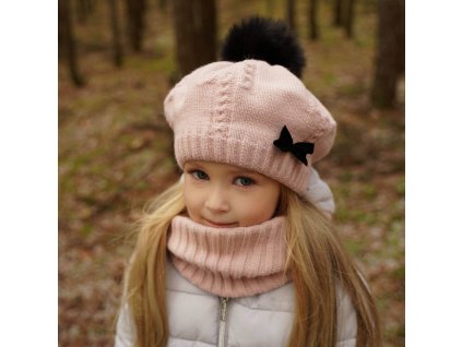 Dievčenský zimný set MGmoda – sivá pletená baretka s ružovým brmbolcom a teplý nákrčník