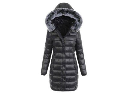Dámsky prešívaný zimný kabát s kapucňou, kožušinkou a zapínaním na zips s cvokmi.