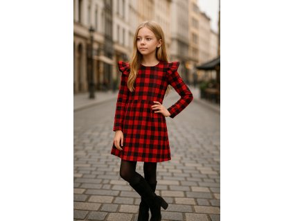 Dievčenské červené kárované šaty s volánovými rukávmi