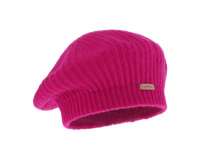 Dámsky pletený baret – ružový, rebrovaný úplet na bielom pozadí