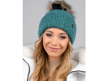 Dámska zimná čiapka s brmbolcom z umelej kožušiny, vyrobená zo zmesi vlny, merino a elastanu