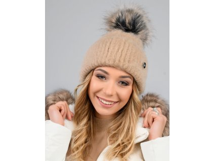 Dámska zimná čiapka s brmbolcom z umelej kožušiny, vyrobená zo zmesi vlny, merino a elastanu
