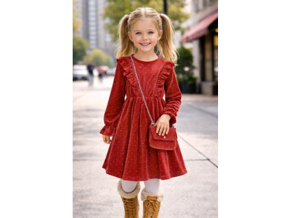 Dievčenské červené velúrové šaty s volánmi a kabelkou, veľkosť 158, MGmoda