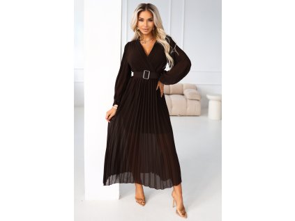 414 11 klara plisowana elegancka sukienka midi z paskiem i dekoltem czekoladowa 20211