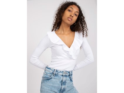 pol pl Biala prazkowana bluzka basic z dekoltem V RUE PARIS 386128 5