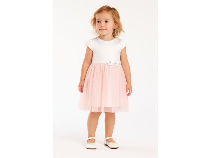 Nežné dievčenské šaty s bielym živôtikom a ružovou tylovou sukňou. 👗 Ozdobené jemnými kvietkami v páse, ideálne na oslavy, svadbu či fotenie. ✨