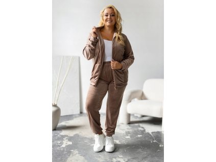 Dámska velúrová súprava mocca – plus size komplet s mikinou na zips a nohavicami, veľkosť 44/46 a 48/50