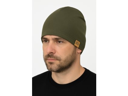 Pánska čiapka BREMUS v khaki farbe, bavlnený úplet, jednoduchý minimalistický dizajn, univerzálna veľkosť, malé logo na spodnom leme.