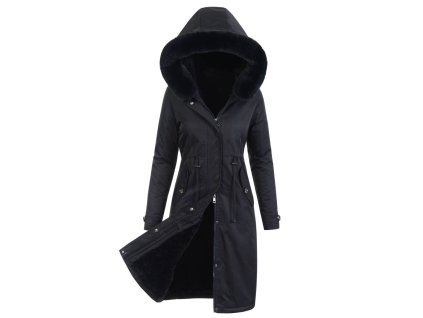 Dámska dlhá zimná parka s kapucňou, kožušinkou a zapínaním na zips s cvokmi.