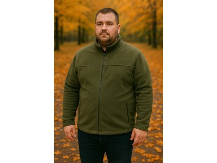 Pánska khaki flísová bunda na mužovi v jesennej prírode – teplá mikina na zips, veľkosť XL