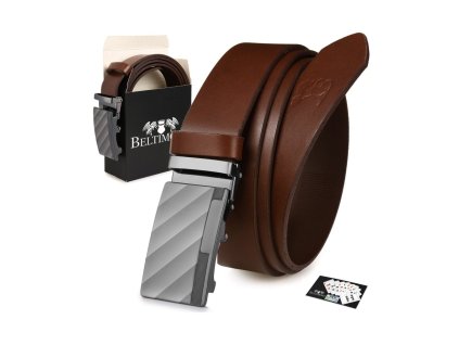 Kožený pánsky opasok BELTIMORE v hnedej farbe s automatickou prackou – elegantný doplnok z pravej kože v darčekovej krabičke.