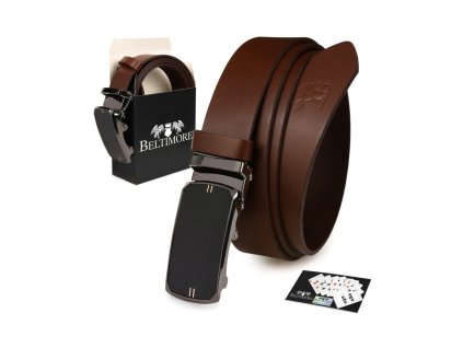 Kožený pánsky opasok BELTIMORE A21 v hnedej farbe s automatickou prackou – elegantný doplnok z pravej kože v darčekovej krabičke.