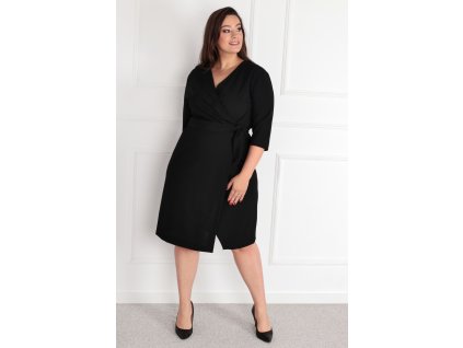 Dámske zavinovacie šaty s 3/4 rukávom, viazaním v páse a dĺžkou po kolená.