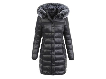 Dámsky prešívaný zimný kabát s kapucňou, kožušinkou a zapínaním na zips s cvokmi.