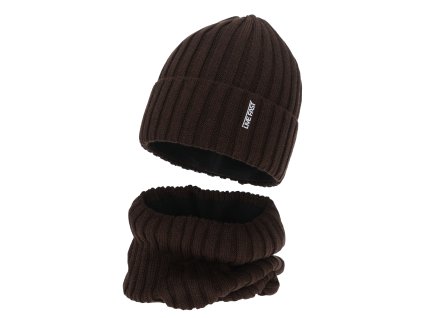 Zimný komplet Banasko – čiapka a nákrčník s merino vlnou a flísovou podšívkou, v prúžkovanom a vrkočovom vzore, s reflexnou potlačou.