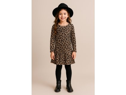 Dievčenské leopardie šaty s dlhým rukávom a volánovým spodným dielom v áčkovom strihu, veľkosť 128–158.