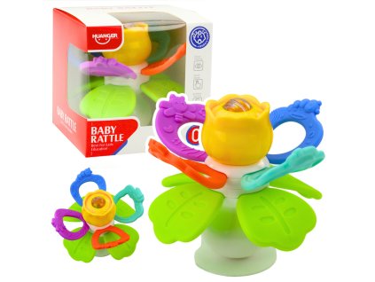 Sensorická hračka pre bábätká – farebný kvietok s prísavkou, hrkálkou a mäkkými hryzátkami.
