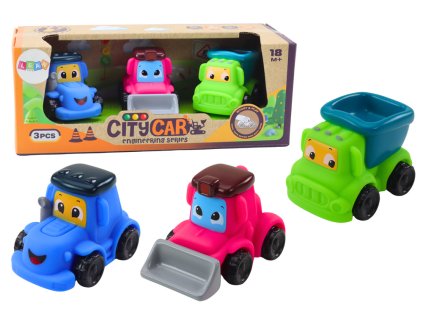 Farebný set mäkkých gumových rolníckych autíčok pre deti – traktor, spychár a vyklápačka v balení 3 ks.