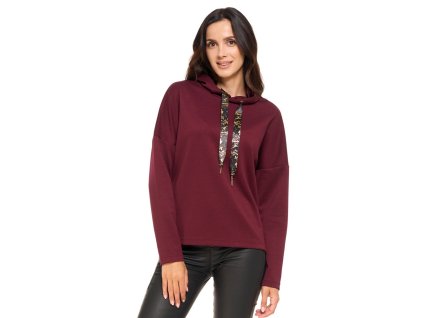 Dámska bordová mikina s kapucňou, ozdobnými šnúrkami a dlhými rukávmi