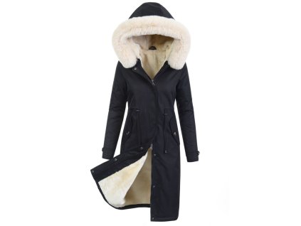 Dámska čierna zimná parka s krémovou kožušinou a zateplenou podšívkou –