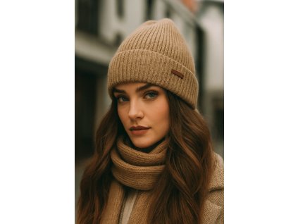 Dámsky zimný set – camel čiapka a šál z merino vlny
