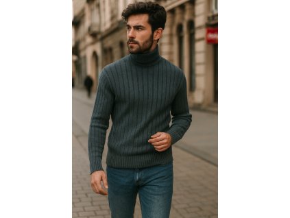 Pánsky modrý rebrovaný rolák so stojačikom