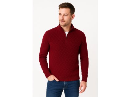 Pánsky bordový sveter so zipsom a diamantovým vzorom