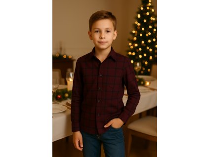 Štýlová chlapčenská košeľa v bordovej károvanej farbe