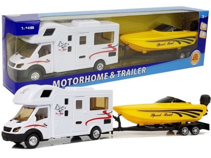 Obytné auto so žltou motorovou loďou