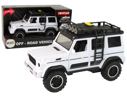 Biele terénne auto v mierke 1:14 s farebnými svetlami, veľkými kolesami, strešnou drabinkou a otváracími dverami. Atraktívny model s realistickými detailmi.