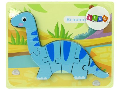 Drevené puzzle pre deti s modrým dinosaurom Brachiosaurom na farebnej podložke – Lean Toys.