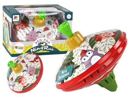 Kovový vianočný točiaci bázmek s motívom Santu, snehuliaka a soba – tradičná hračka.