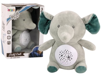 Sivý uspávací sloník s projektorom hviezd a melódiami pre bábätká.