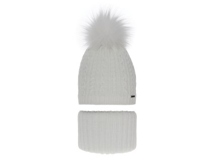 Dievčenský zimný set – biela pletená čiapka s brmbolcom a teplý nákrčník