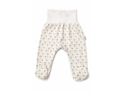 Bábätkovské polodupačky s chodidlami v bielo-žltom vzore oblečené na chlapcovi, veľkosť 68.